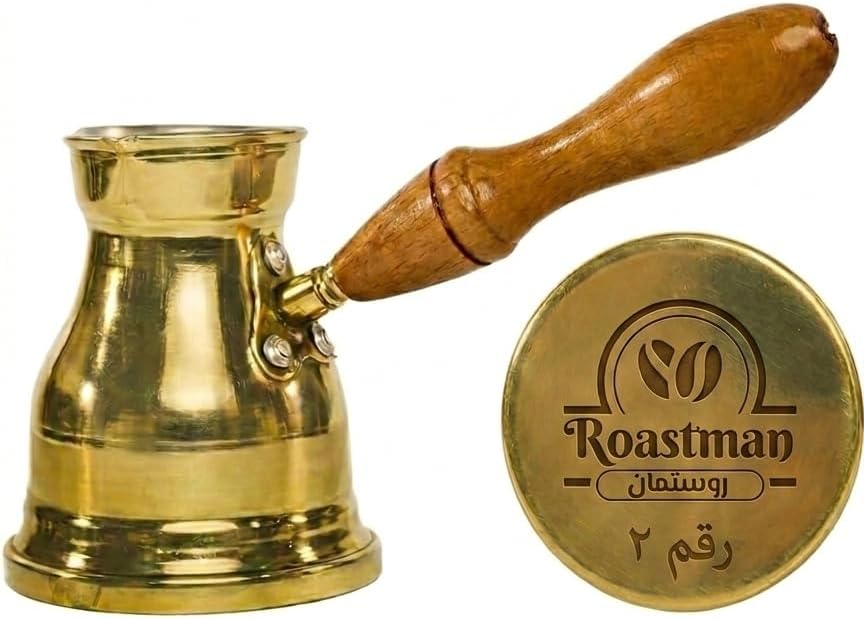 كنكة " روستمان " النحاسية" – كنكة قهوة يدوية من النحاس الأصفر بمقبض خشبي عازل مطلية بالكروم من الداخل