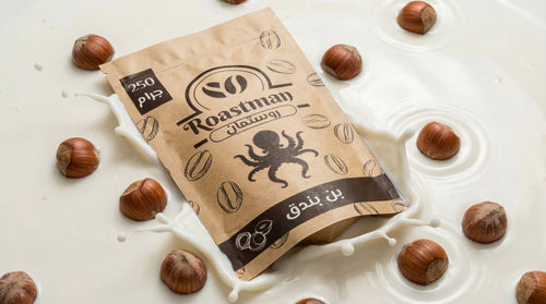 Roastman Octopus premium roasted hazelnut spread in 4 packs of 250g, showcasing the rich hazelnut pieces in the jar.