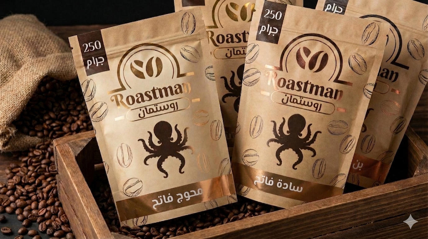 Two packages of Roastman light roasted coffee beans and lightly roasted spiced coffee beans in 250g packs.