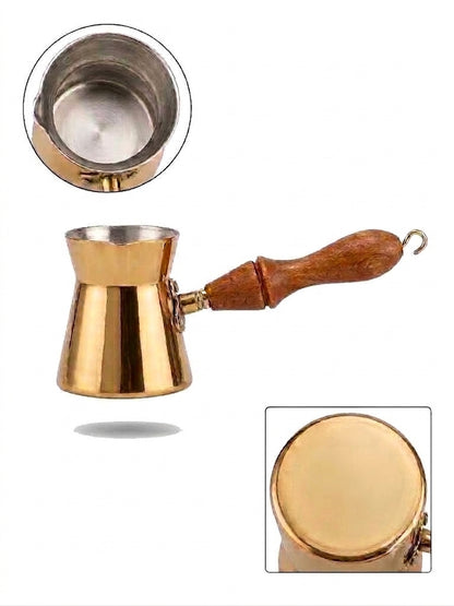 إبريق قهوة تركي نحاسي سوبر ذهبي مع مقبض خشبي قطعة واحدة بدون اي لحام مع نحاس عالي الثقل والجودة